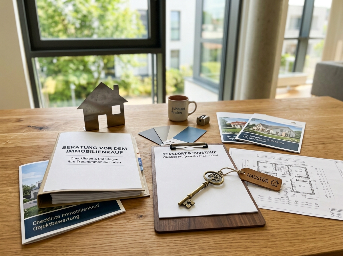 Tisch mit Dokumenten zur Beratung vor dem Immobilienkauf