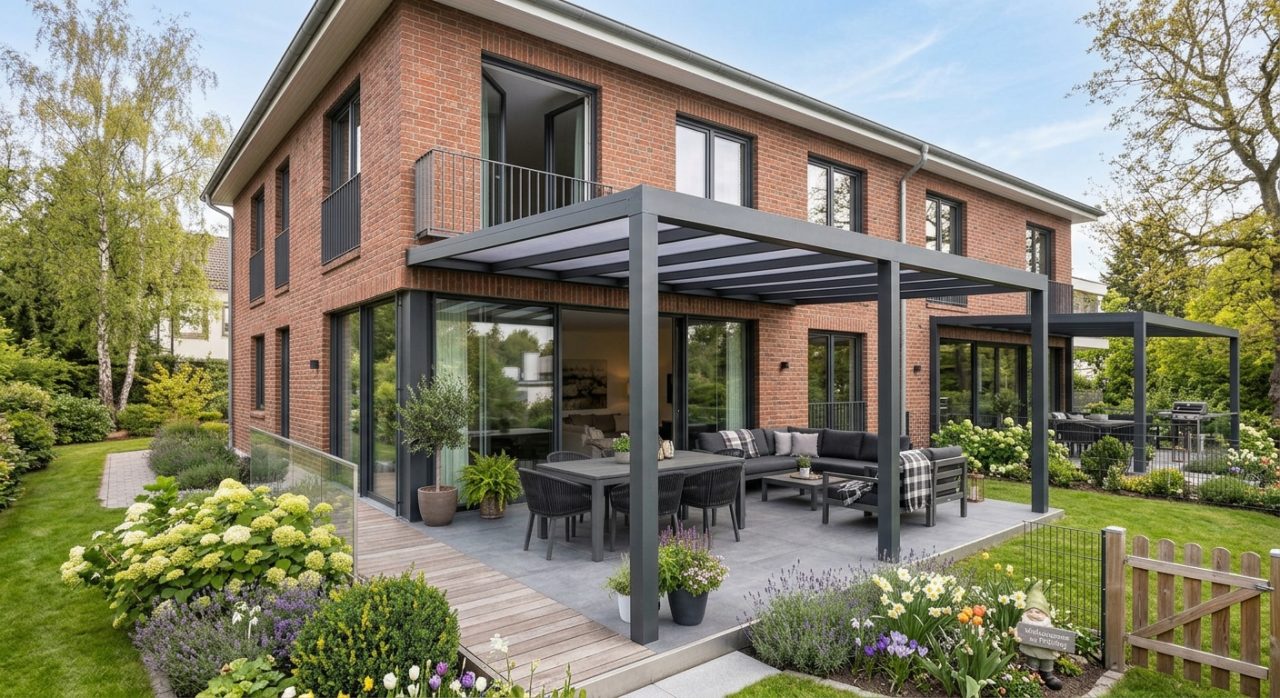 Modernes Wohnhaus mit Terrassenüberdachung