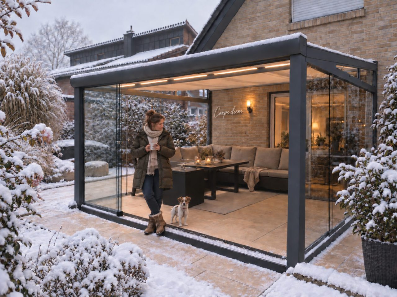 Schneebedeckte Terrassenüberdachung im Winter, mit Frau und Hund
