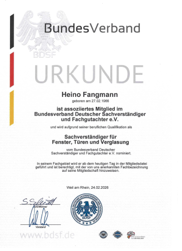 Urkunde BundeVerband Deutscher Sachverständiger Fenster Türen Verglasungen