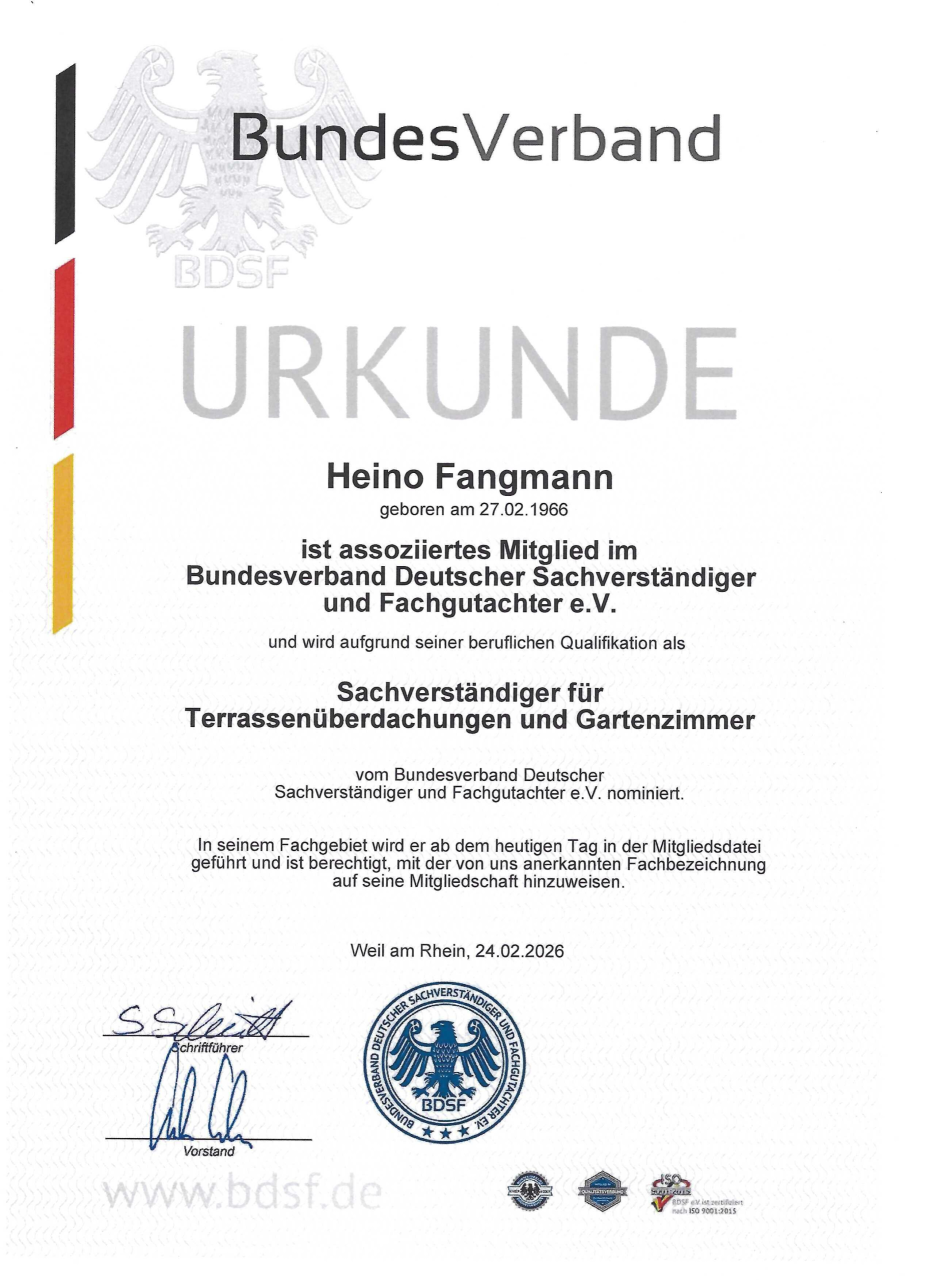 Urkunde BundeVerband Deutscher Sachverständiger Terrassenüberdachungen Gartenzimmer