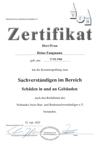 Zertifikat Kenntnisprüfung SV Schäden Gebäude
