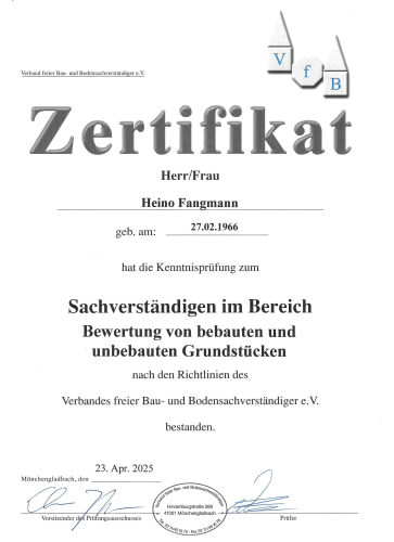 Zertifikat Sachverständiger Bewertung von Grundstücken